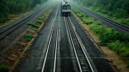 Sticker - A train is traveling down a track with a lush green field in the background