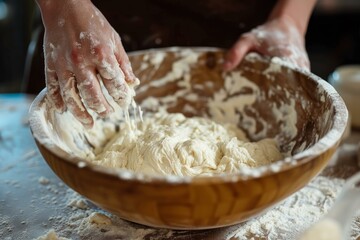 Poster - Close-up of hands kneading fresh dough in a traditional wooden bowl on a flour-dusted surface