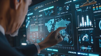 Poster - Close-up of a digital screen showing business finance data analytics, with an advisor interacting with virtual graphs and financial management tools