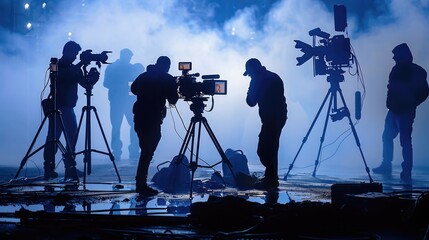 Wall Mural - Film crew silhouettes, including a director, cameraman, and lightman, working together on a TV commercial production set, capturing the essence of film making