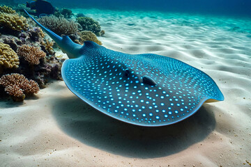 Wall Mural - Blue spotted stingray (Myliobatoidei) cartilaginous fish on sandy bottom in tropical underwaters. Skate in underwater wild animal world. Observation of wildlife ocean. Scuba diving in Ecuador coast