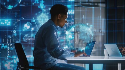 Poster - Man in a modern office using a laptop to explore AI technology, with a digital interface showing an artificial intelligence chatbot developed by Open AI