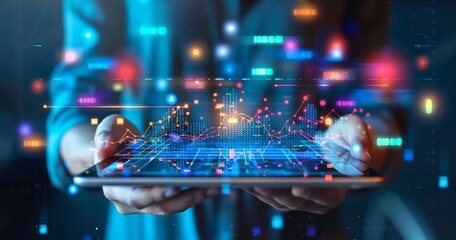 Poster - Business person holding an iPad, with digital graphs and icons floating above it, representing data analysis in the financial industry. The background is a blue gradient that transitions from light