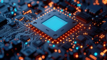 Poster - High-Tech CPU Circuitry: Blue-Lit Contacts on Motherboard