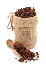 Wall Mural - Close-up of Organic Star Anise or Chakra Phool (Illicium verum), in a jute bag and on a scoop, Isolated on a white background.