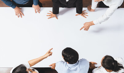 Wall Mural - Panorama banner top view of office worker and businesspeople on meeting table pointing to empty space with editable blank background for customer design. Business working and meeting copyspace.Prudent