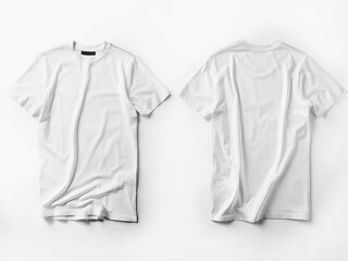 Two white blank t-shirts, front and back view, on a clean background, ideal for branding mockup.