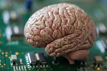 Poster - Human brain model on a green electronic circuit board, symbolizing advanced ai technology