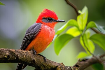 Poster - Close-up of a brightly colored red bird with a striking appearance, resting on a tree branch