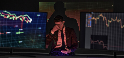 Poster - Businessman, stress or burnout in office with graphic, anxiety or unemployment for job loss. Stock broker, phone and mental health in market crash, recession or financial crisis and retrenched notice