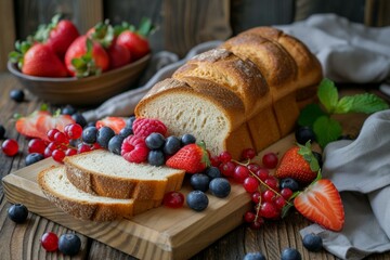 Poster - Sliced artisan bread surrounded by strawberries, blueberries, and red currants presented on rustic wood