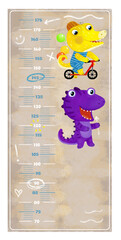 Wall Mural - cartoon scene with height measurement for kids with happy play scene with some animals dino dinosaurs prehistoric friends happy togehter illustration