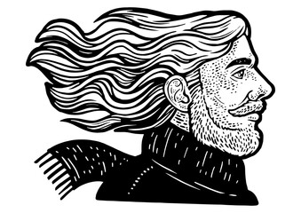 Wall Mural - Man with long hair in wind sketch engraving PNG illustration. T-shirt apparel print design. Scratch board imitation. Black and white hand drawn image.
