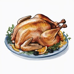 Wall Mural - Watercolor illustration of traditional Thanksgiving roasted turkey on plate garnished with rosemary and lemon slices. Holiday meal concept