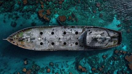 Wall Mural -  Aerial view of a sunken ship, in a turquoise sea, minimalist photography, graphic design-inspired, dark blue and turquoise, aerial perspective, aerial photo,