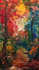 Naklejka na meble A beautiful painting depicting a winding path through a lush forest with tall trees, colorful leaves, and a peaceful natural landscape