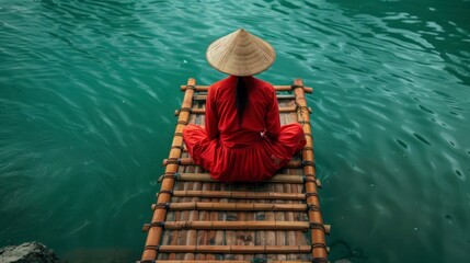 Wall Mural - woman with dress and a traditional hat on a traditional Thai wooden boat sails between tropical islands in the National Park