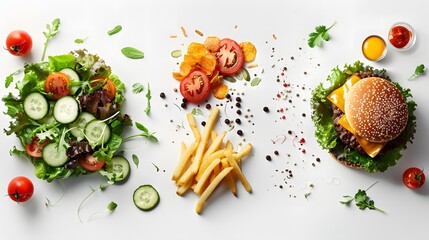 Wall Mural - fresh salad with fries and beaf cheese burger isolated on white background