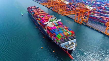 Aerial view of container ship in busy port, vibrant colors highlighting shipping network, network, maritime trade