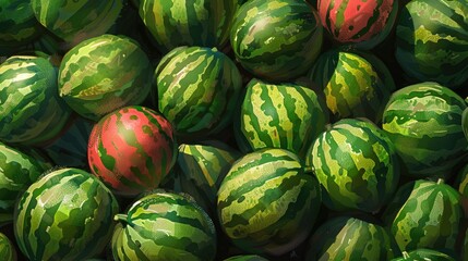 Wall Mural - A bunch of watermelons with one red one green