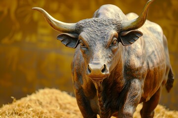 Majestic bronze bull sculpture representing strength and power as a symbol of bullish investment and prosperity in the stock market. With golden horns and a metallic texture