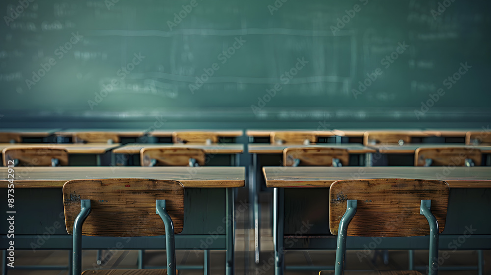 Wide angle background of wooden school desks in a row facing blackboard ...