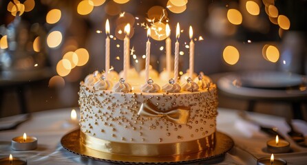 Poster - White Birthday Cake With Golden Decorations and Candles