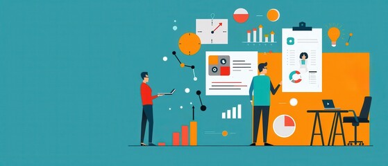 Wall Mural - Illustration of business professionals analyzing data charts, graphs, and statistics for strategy and growth on a turquoise background.