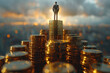 © Jaroon - A man stands on top of a pile of gold coins. The coins are stacked on top of each other, creating a sense of wealth and prosperity. The man's presence on the top of the pile emphasizes his status
