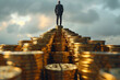 © Jaroon - A man stands on top of a pile of gold coins. The coins are stacked on top of each other, creating a sense of wealth and prosperity. The man's presence on the top of the pile emphasizes his status
