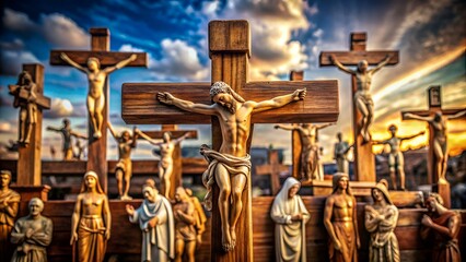 Wooden cross among crucifixion symbols