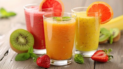 Wall Mural - Three glasses of fruit juice with a strawberry on the right. The juice is orange, red, and yellow