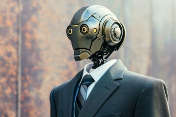 Poster - Humanoid robot dressed in a stylish suit posing against a modern metal background