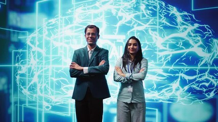 Poster - portrait of cheerful team of admins using artificial intelligence computing simulating human brain. 