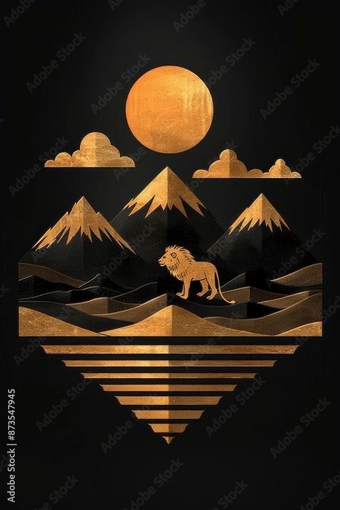 Minimalist lion and savannah logo design with gold color, a lion in the ...
