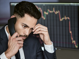 Wall Mural - Stress, computer screen and business man with phone call for investment mistake, error or stock market problem in office. Analytics, anxiety and trader for financial crisis, discussion or statistics