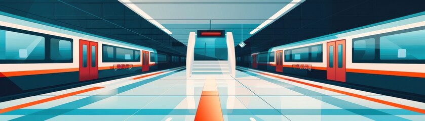 Poster - Modern underground metro station with futuristic design, featuring sleek platform, and vibrant red and white trains on opposite sides.