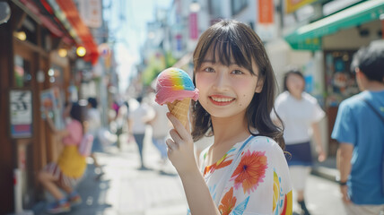 Poster - 街中でアイスクリームを食べる若い日本人女性