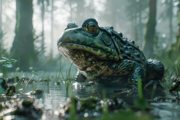 Poster - A green frog sits on the edge of a pond, looking out at the world. AI.