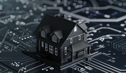 Sticker - A digital rendering of a black house on a circuit board. AI.