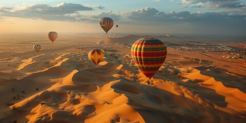 Sticker - Hot air balloons flying over the desert at sunrise. AI.