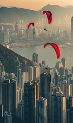 Sticker - Paragliding over the skyscrapers of a big city. AI.