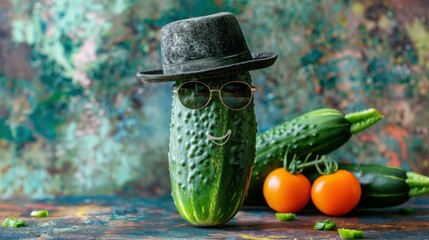 Sticker - A cucumber wearing a hat and sunglasses. AI.