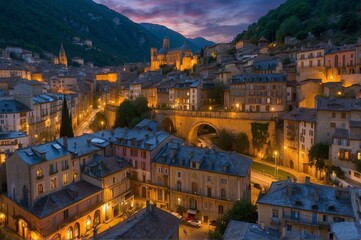 Canvas Print - A beautiful cityscape of a European town with a river running through it. AI.