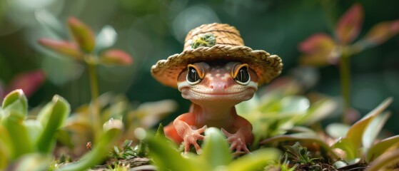 Canvas Print - A cute lizard wearing a straw hat is sitting on a rock in the garden. AI.