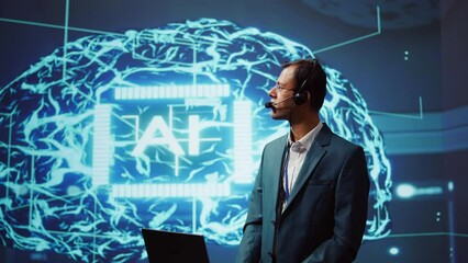 Poster - Speaker talking with audience during remote call online AI webinar hosting leading experts and researchers exploring latest insights in artificial intelligence technology, camera B