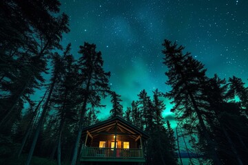 Wall Mural - A tranquil cabin under a star-filled sky amidst towering pine trees