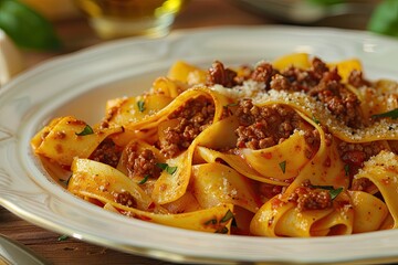 Wall Mural - A plate of spaghetti with meat sauce and cheese. The dish is served on a white plate and is garnished with parsley