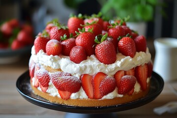 Wall Mural - Delectable strawberry cake topped with whipped cream and fresh strawberries on a cake stand