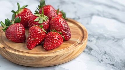 Wall Mural - Fresh Strawberries on Wooden Serving Plate